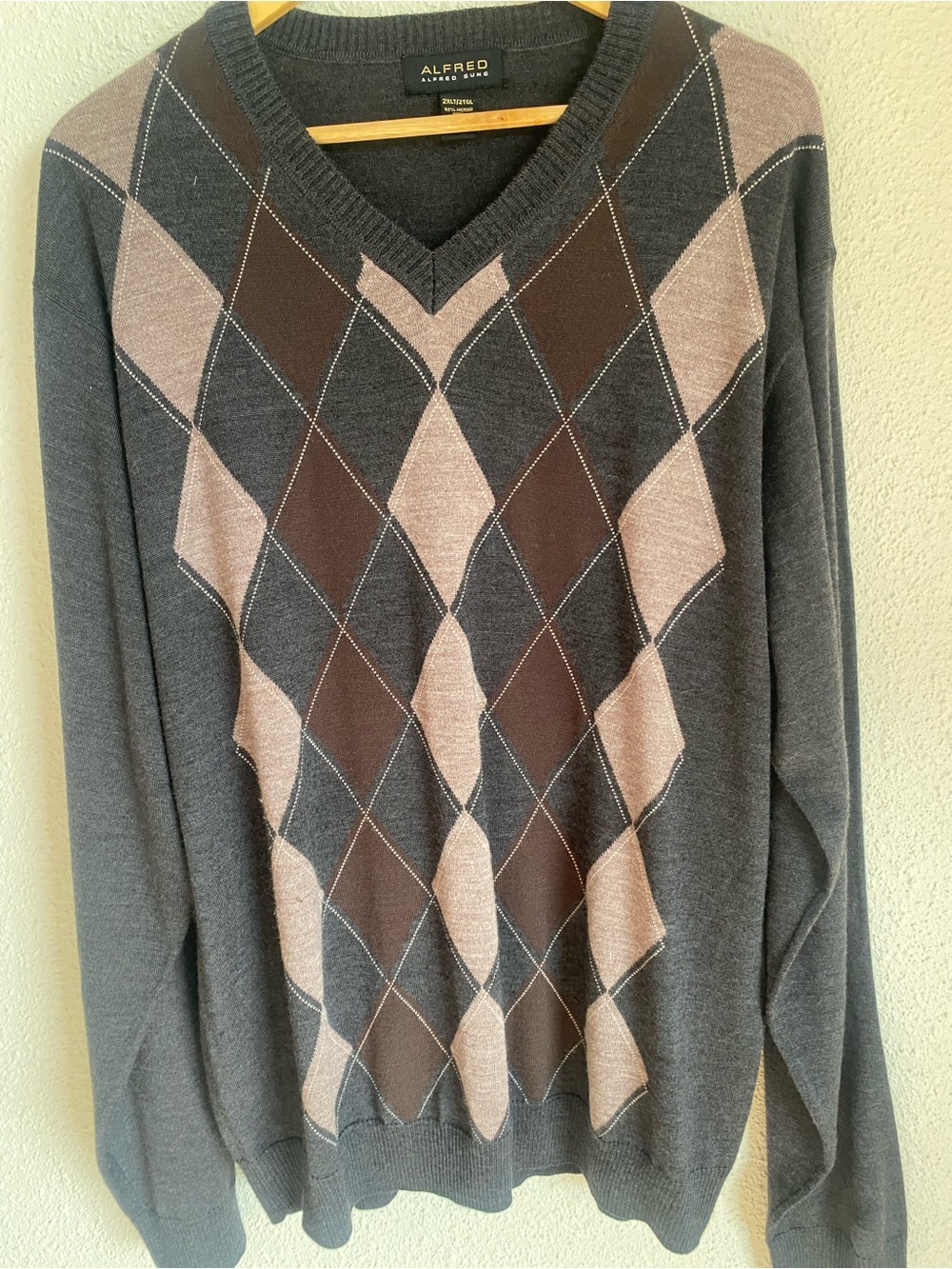 Alfred Sung Merino Wool Blend Argyle V Neck Sweater 2XL Tall